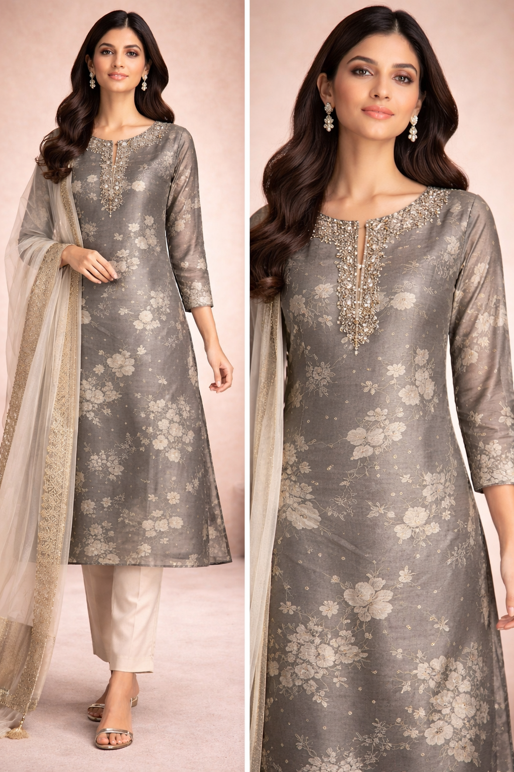 Grey Floral Organza Kurti Set with Pants & Designer Dupatta