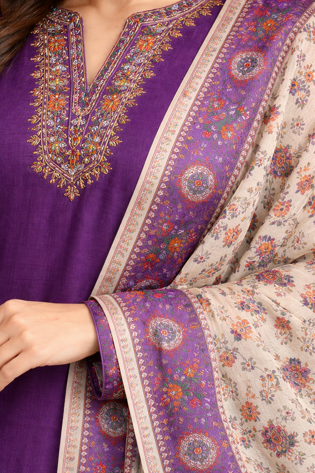 Royal Plum Embroidered Kurta Set with Printed Dupatta