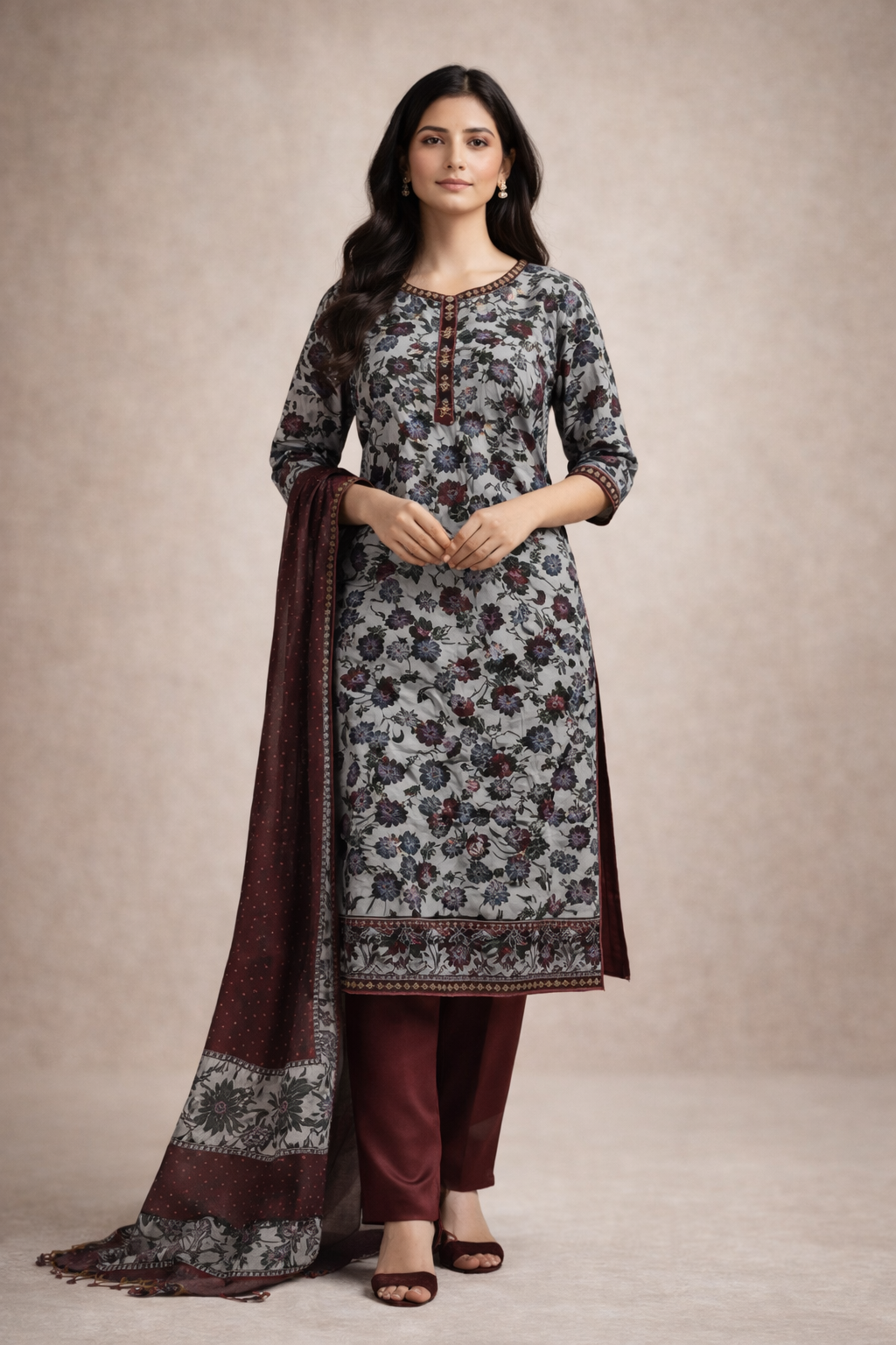 Grey Floral Printed Kurta Set with Maroon Pants & Dupatta