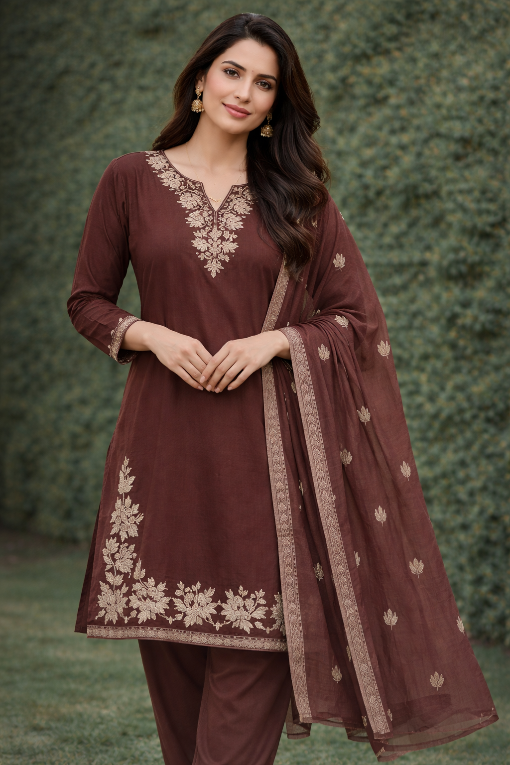 Chocolate Brown Embroidered Kurta Set with Chiffon Dupatta