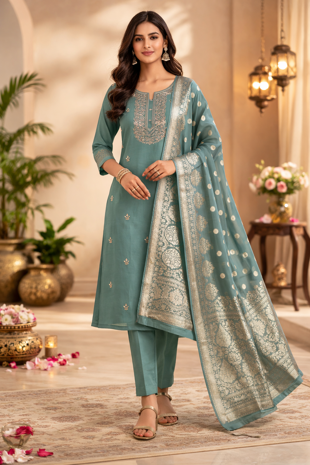 Sea Green Embroidered Kurta Pant Set with Jacquard Dupatta