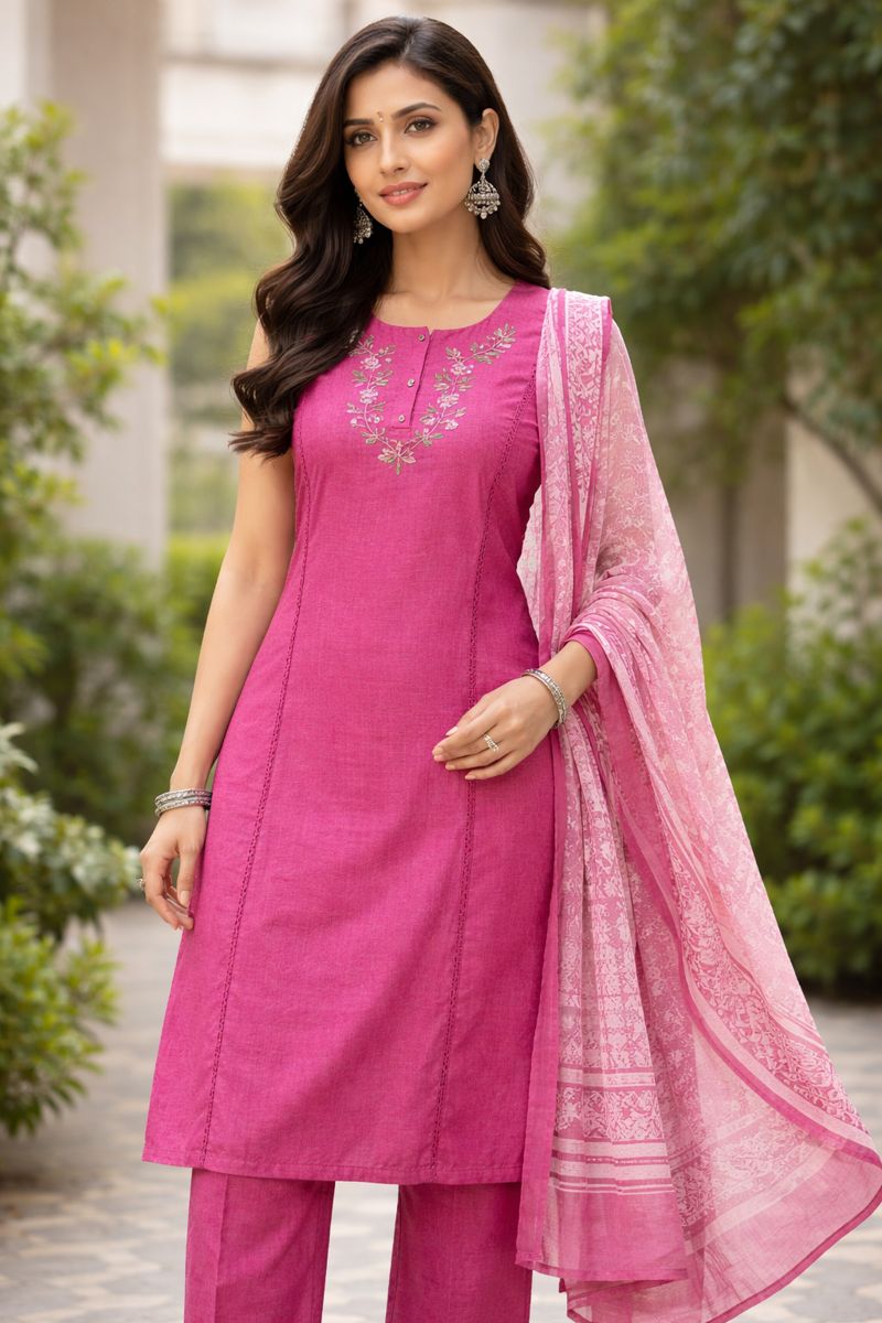 ✨ Floral Embroidered Cotton Daily Wear Kurti Set with Dupatta ✨