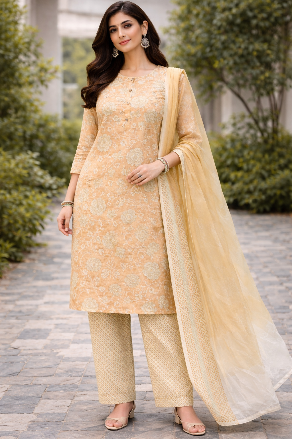 ✨ Soft Peach Floral Printed Festive Kurti Set with Dupatta ✨