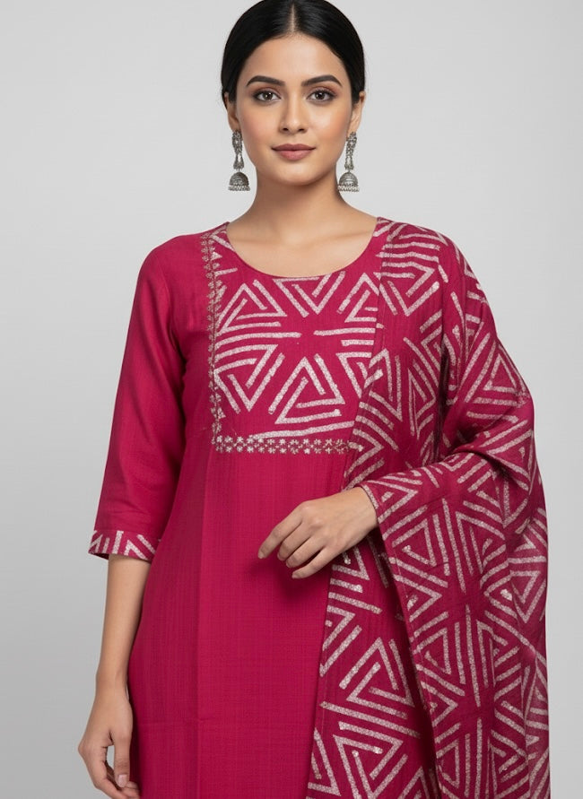 Wine Geometric Print Festive Kurti Set with Dupatta