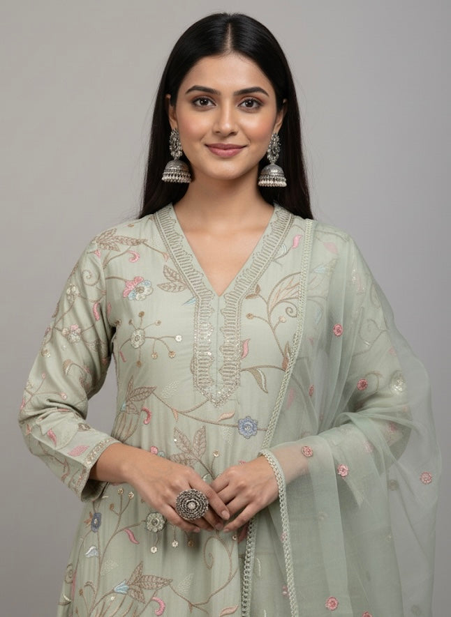 Pastel Garden Embroidered Festive Kurti Set with Dupatta