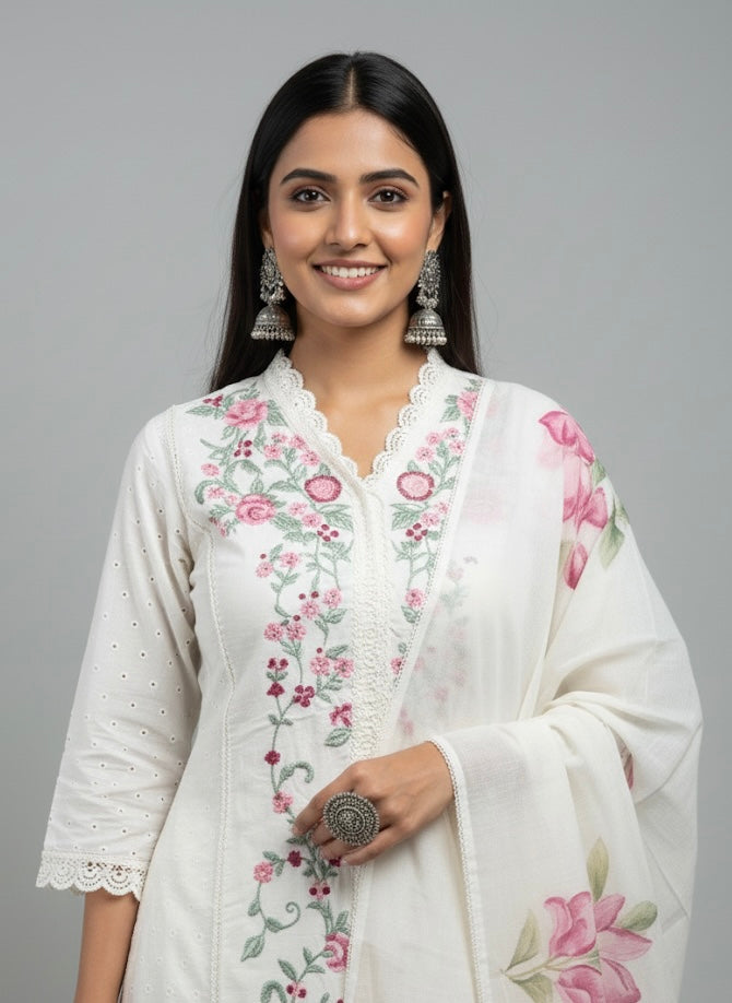 Ivory Rose Embroidered Festive Kurti Set with Floral Dupatta