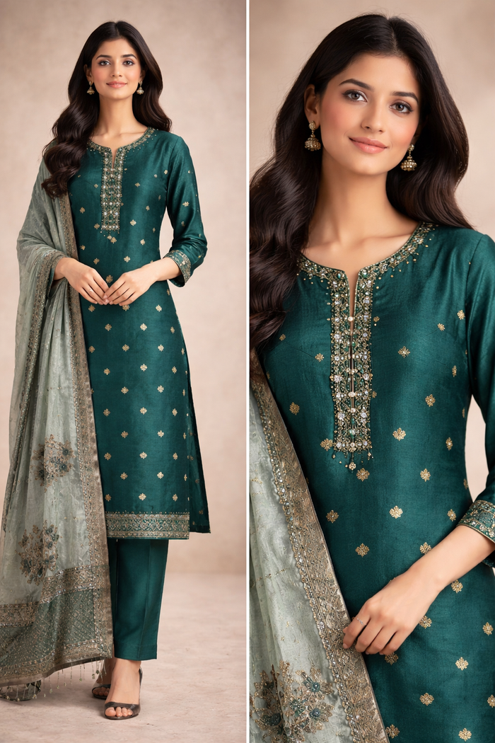 Teal Green Embroidered Kurta Set with Pants & Floral Dupatta
