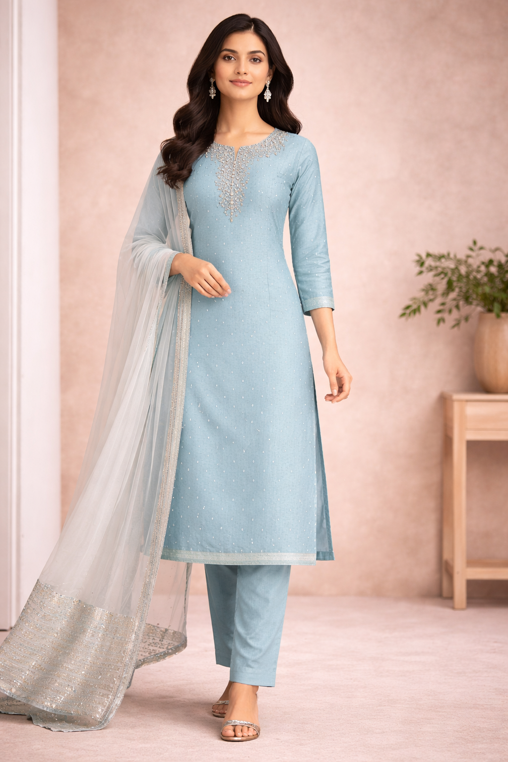 Sky Blue Embroidered Kurta Set with Pants & Organza Dupatta