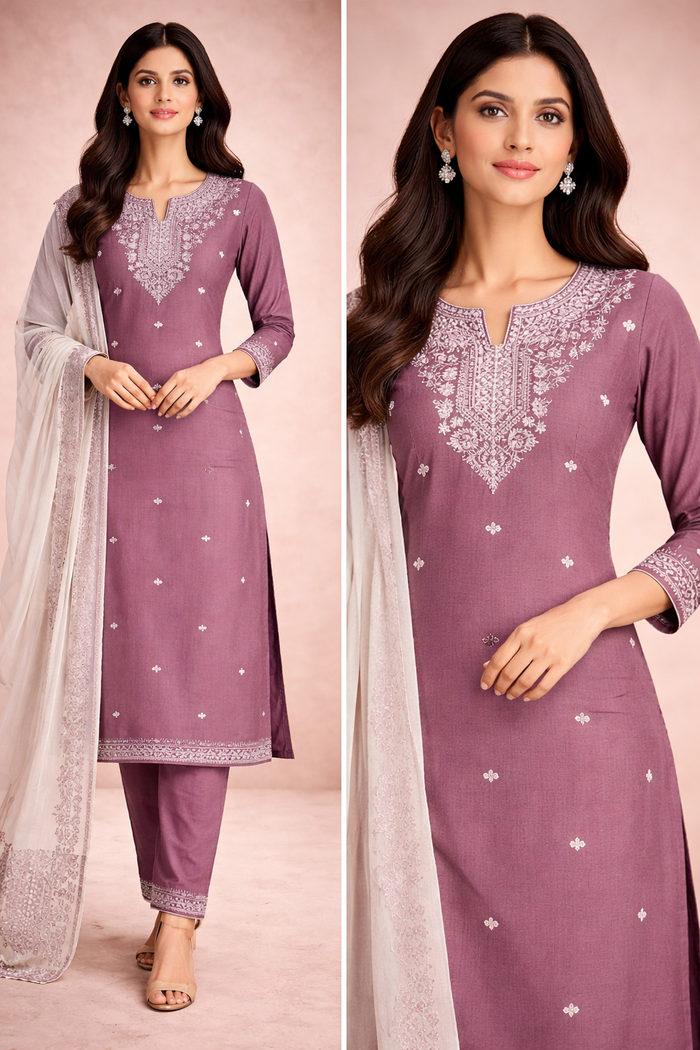 Mauve Embroidered Kurta Set with Pants & Organza Dupatta