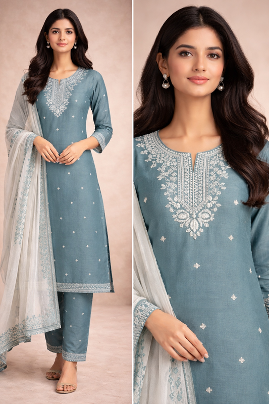 Dusty Teal Embroidered Kurta Set with Pants & White Dupatta