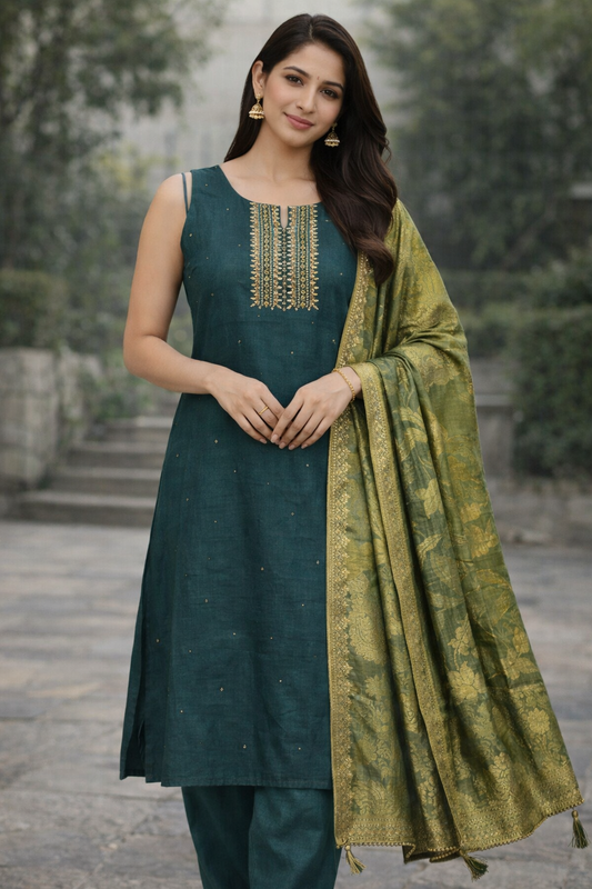 Emerald Green Silk Kurta Set with Jacquard Zari Dupatta – Festive Ethnic Wear