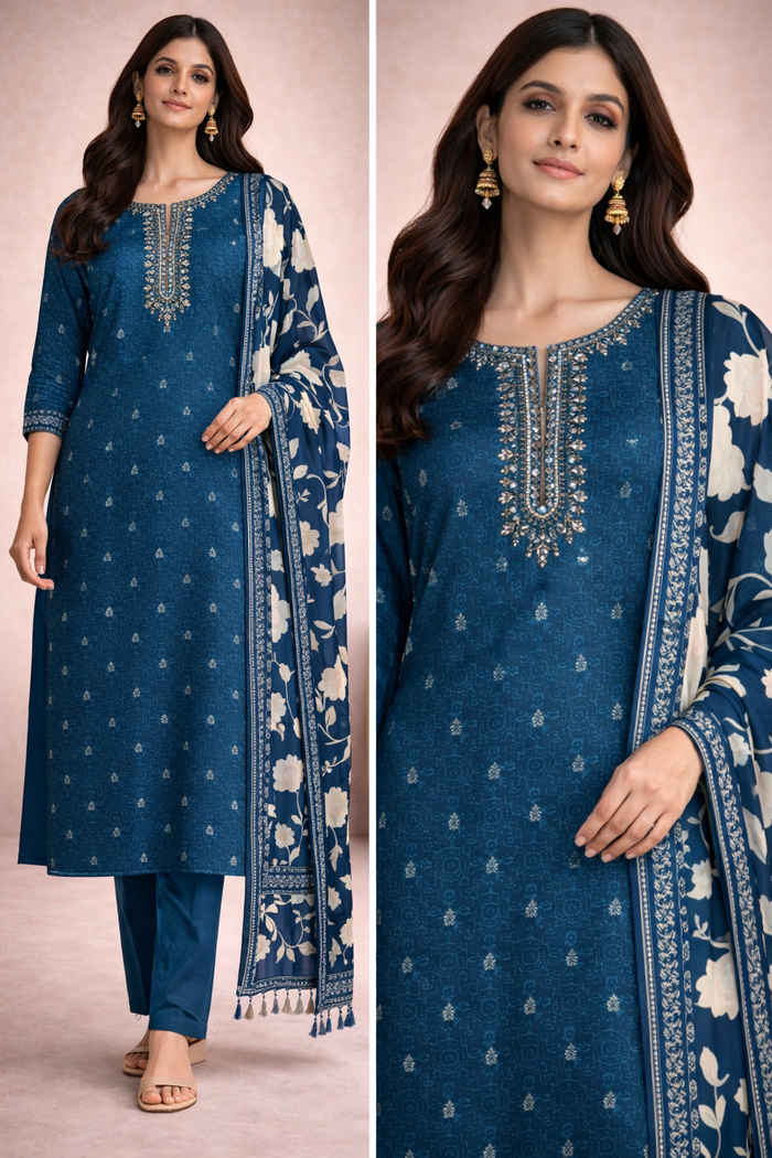 Teal Blue Printed Kurti Set with Embroidered Neckline & Floral Dupatta