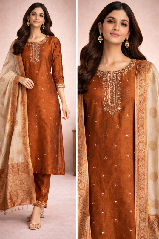 Rust Copper Silk Kurti Set with Zari Dupatta & Embroidered Neckline
