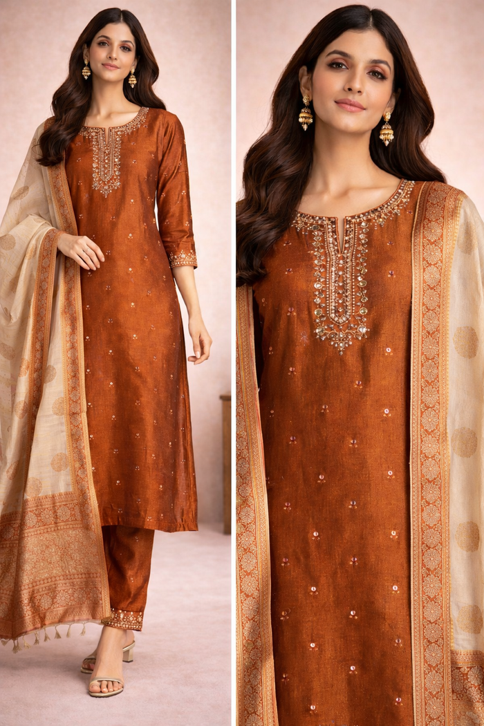 Rust Copper Silk Kurti Set with Zari Dupatta & Embroidered Neckline