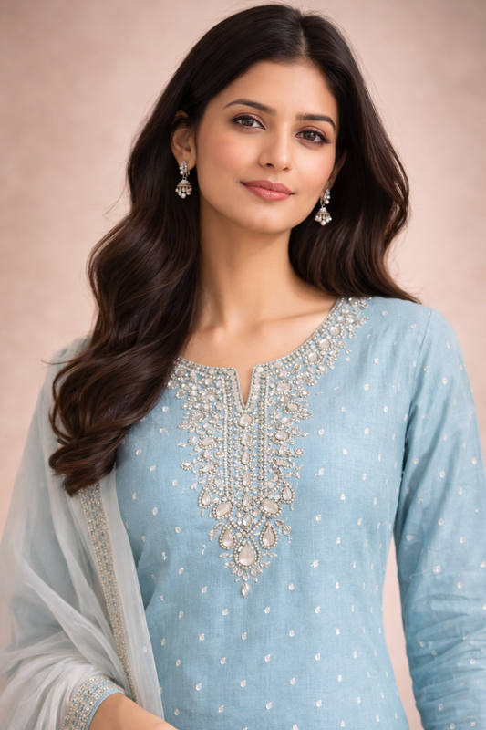 Sky Blue Embroidered Kurta Set with Pants & Organza Dupatta