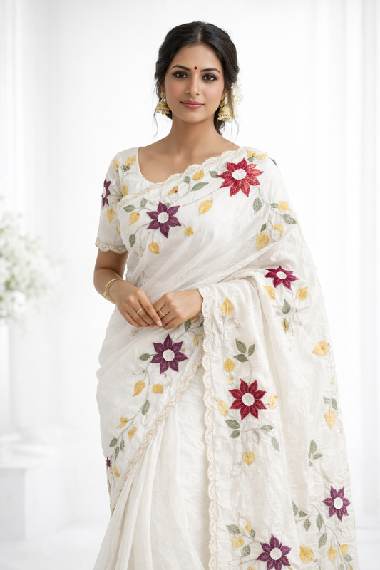 White Paper Crush Saree with Handcrafted Patchwork Floral Embroidery – Lightweight Festive Wear