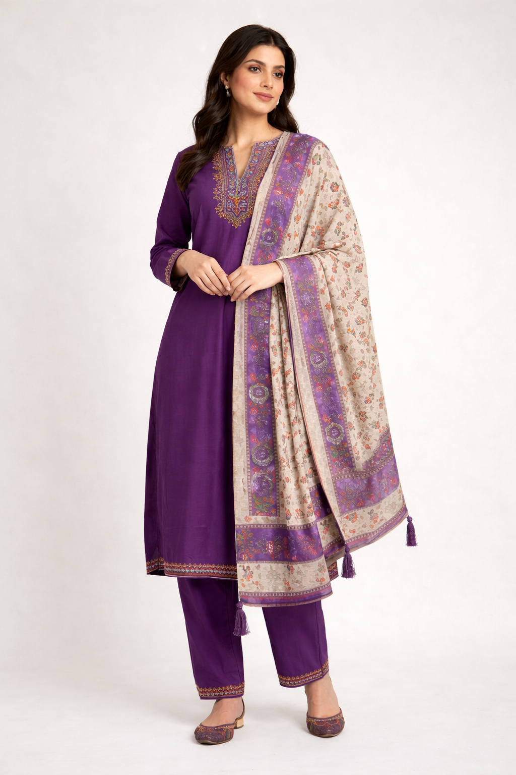 Royal Plum Embroidered Kurta Set with Printed Dupatta