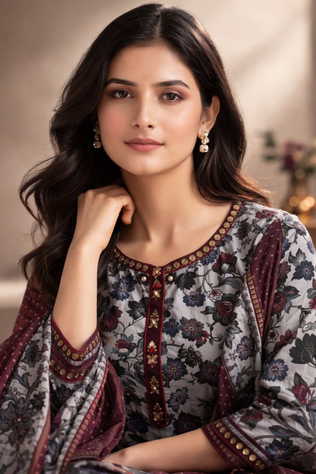 Grey Floral Printed Kurta Set with Maroon Pants & Dupatta