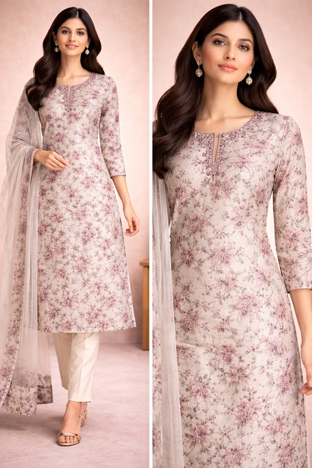 Pastel Floral Organza Kurti Set with Silk Pants & Soft Dupatta
