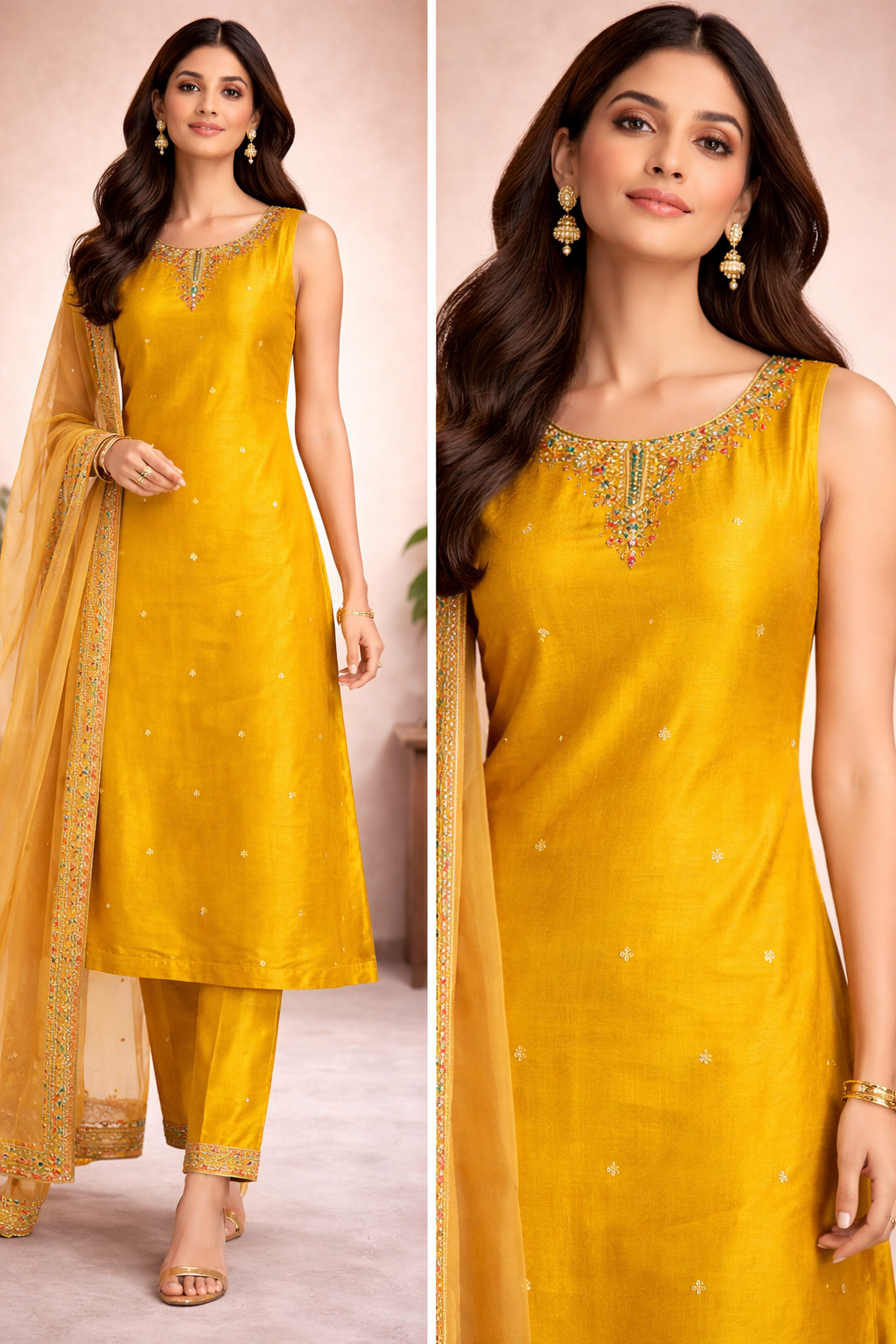 Mustard Yellow Silk Kurti Set with Embroidered Neckline & Designer Dupatta
