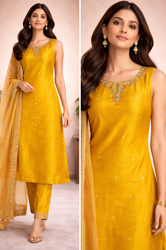 Mustard Yellow Silk Kurti Set with Embroidered Neckline & Designer Dupatta