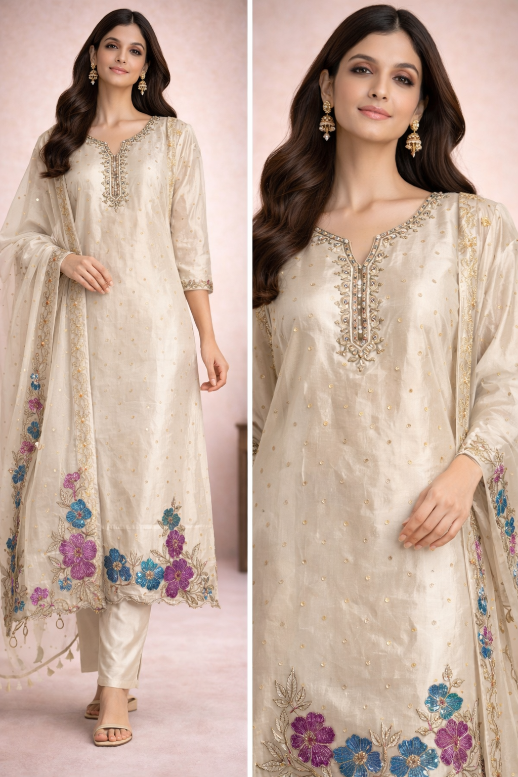 Ivory Silk Kurti Set with Multicolor Floral Embroidery & Sheer Dupatta