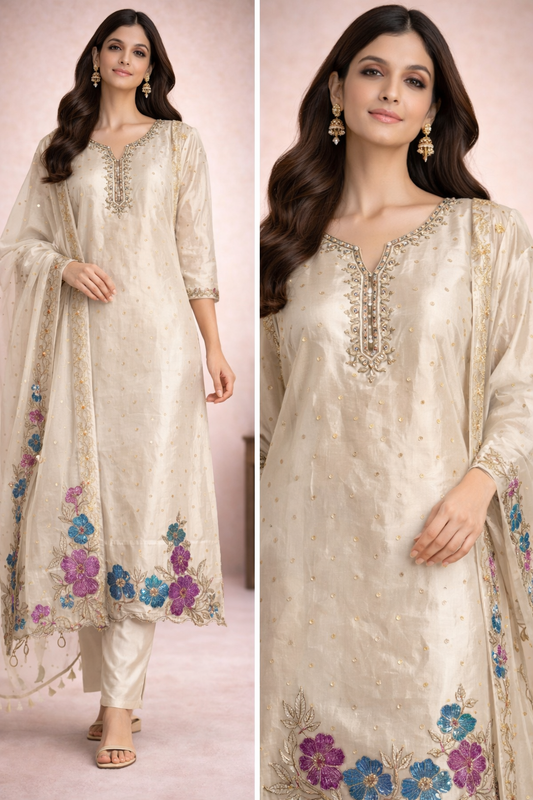 Ivory Silk Kurti Set with Multicolor Floral Embroidery & Sheer Dupatta
