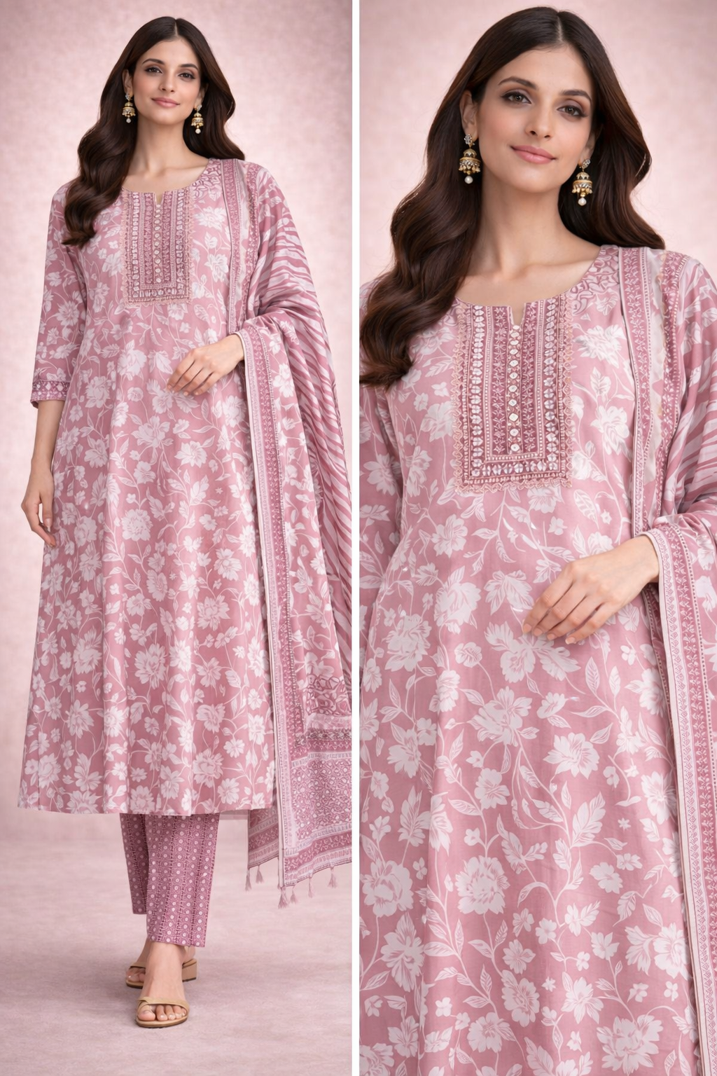 Blush Pink Floral Printed Kurta Set with Straight Pants & Dupatta
