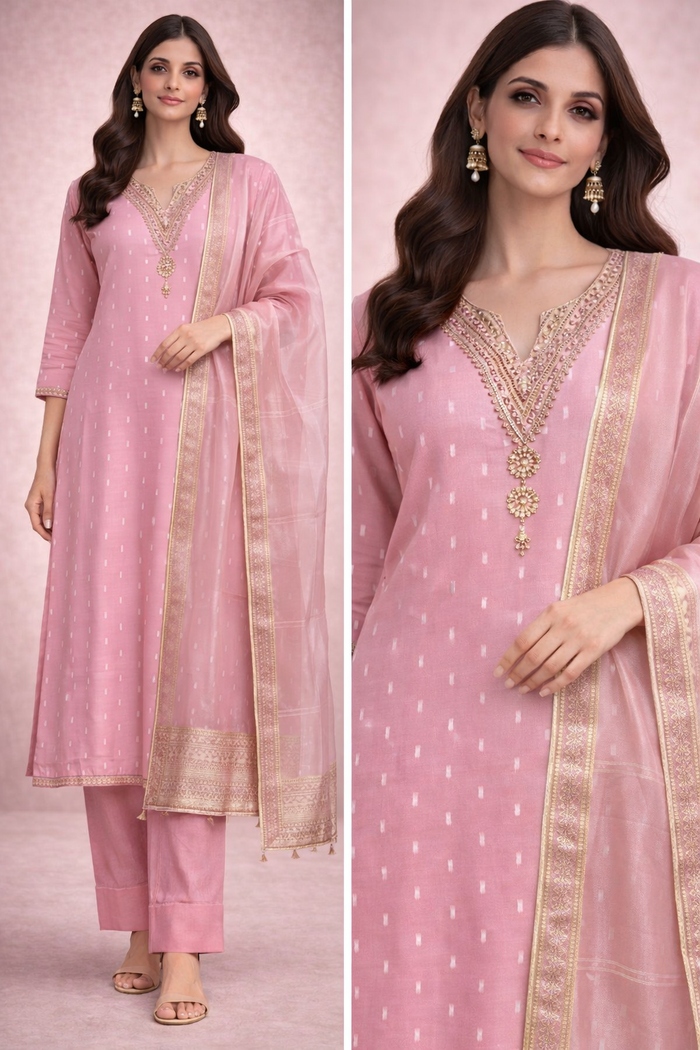 Blush Pink Embroidered Kurta Pant Set with Organza Dupatta