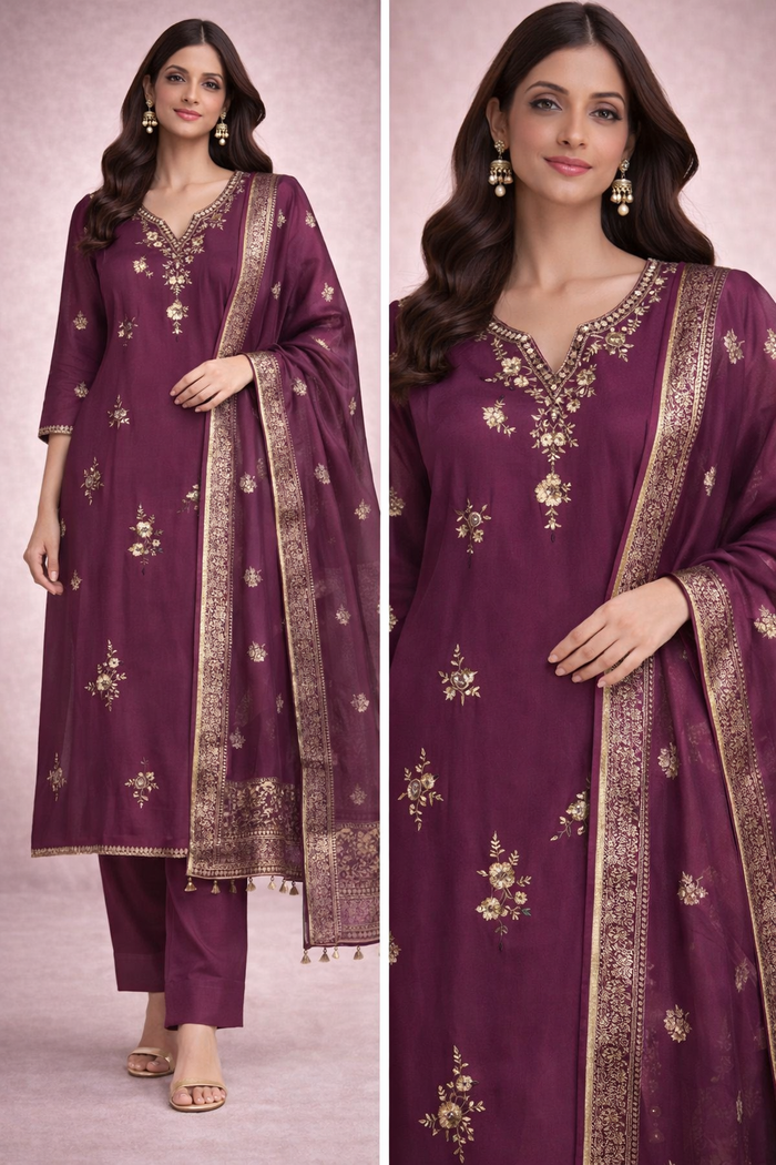 Wine Plum Embroidered Kurta Pant Set with Zari Dupatta