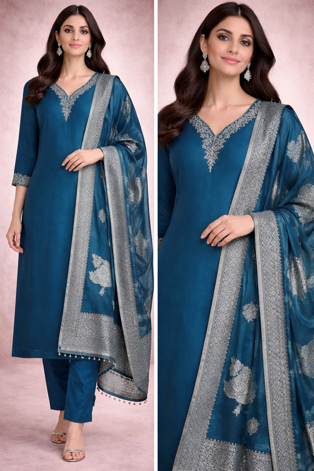 Teal Blue Embroidered Kurta Set with Pant & Jacquard Dupatta