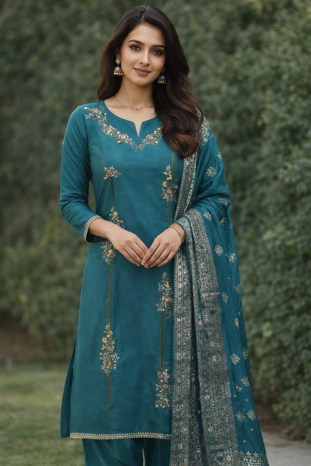 Teal Blue Embroidered Kurta Set with Silk Jacquard Dupatta