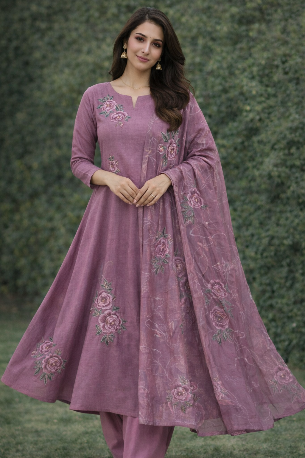Dusty Rose Floral Embroidered Kurta Set with Printed Dupatta