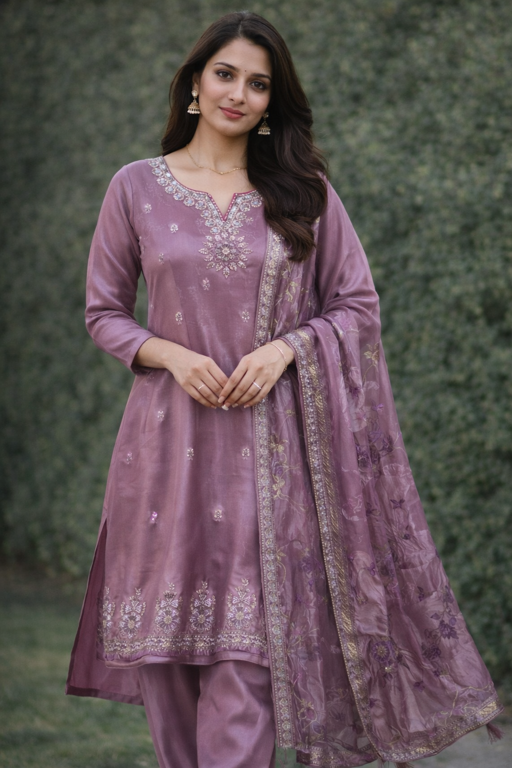 Dusty Rose Embroidered Kurta Set with Printed Dupatta