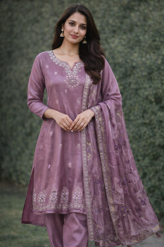 Dusty Rose Embroidered Kurta Set with Printed Dupatta