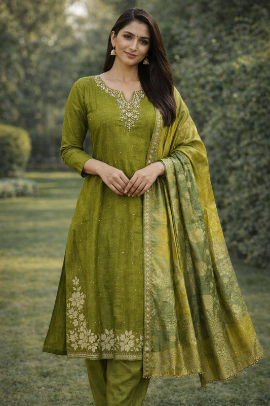 Olive Green Silk Kurta Set with Zari Dupatta – Festive Ethnic Wear