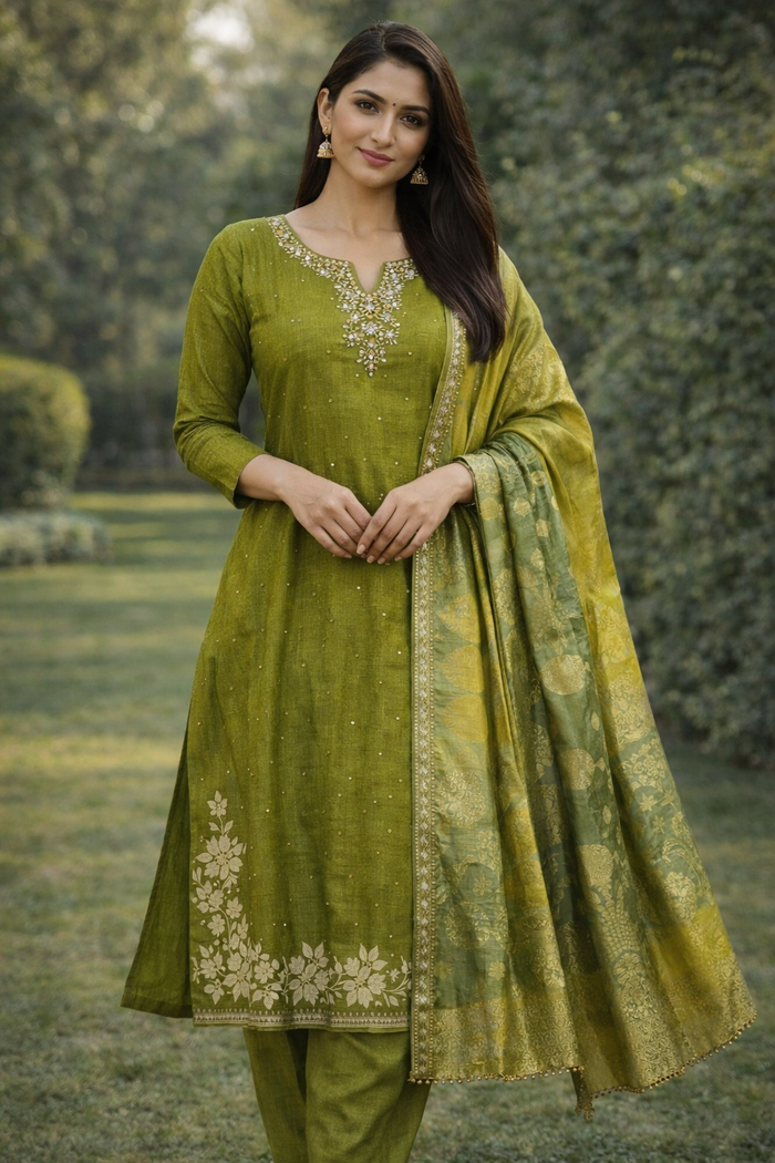 Olive Green Silk Kurta Set with Zari Dupatta – Festive Ethnic Wear