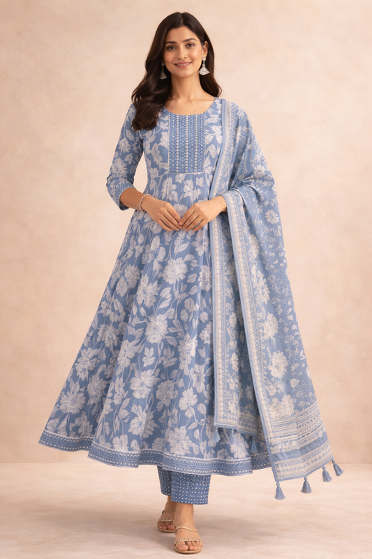 Elegant Blue Floral Anarkali Kurta Set with Printed Dupatta