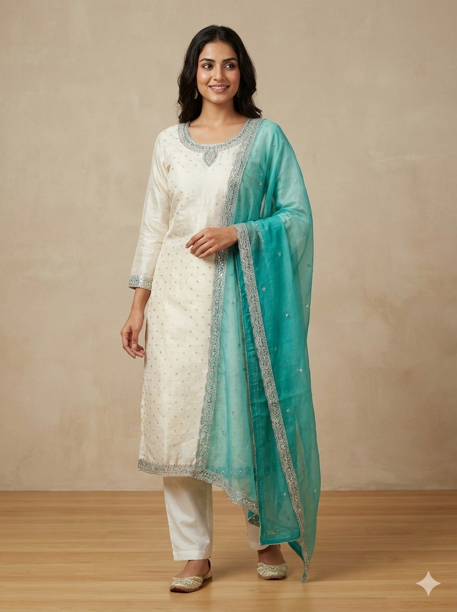 ✨ Ivory & Aqua Chanderi Silk Festive Kurti Set with Dupatta ✨
