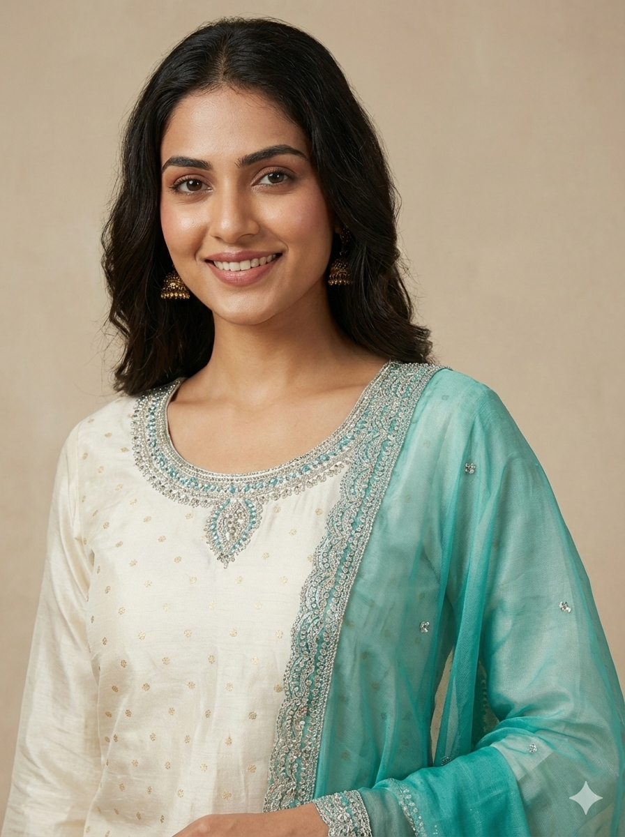 ✨ Ivory & Aqua Chanderi Silk Festive Kurti Set with Dupatta ✨