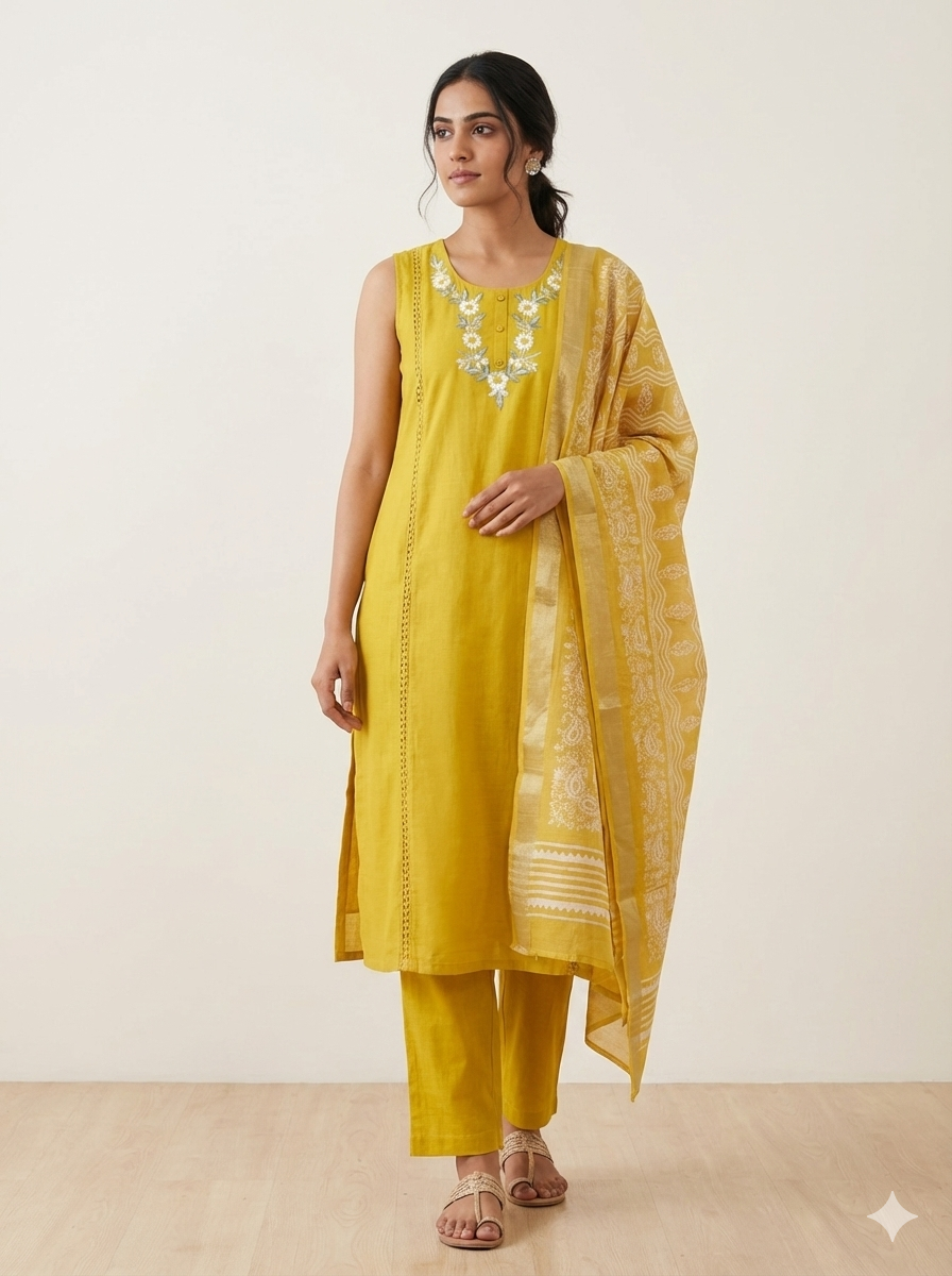 ✨ Floral Embroidered Cotton Daily Wear Kurti Set with Dupatta ✨