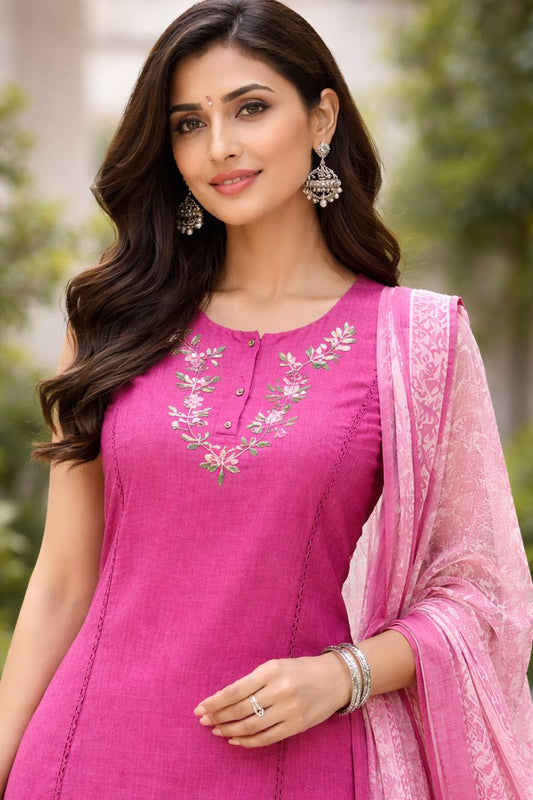✨ Floral Embroidered Cotton Daily Wear Kurti Set with Dupatta ✨