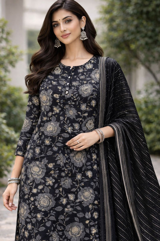 ✨ Black & Gold Floral Printed Festive Kurti Set with Shimmer Dupatta