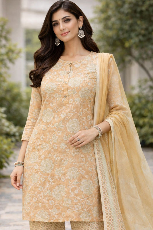 ✨ Soft Peach Floral Printed Festive Kurti Set with Dupatta ✨