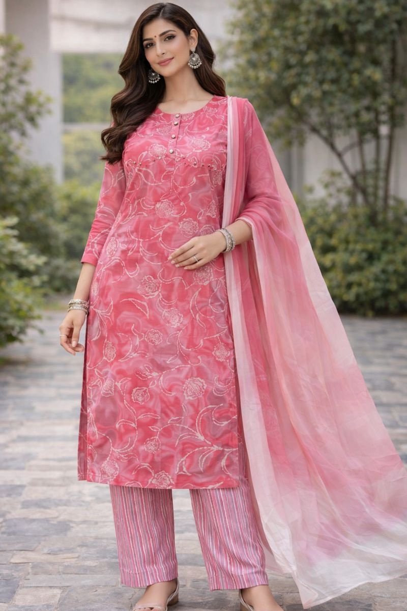 ✨ Rose Pink Floral Festive Kurti Set with Dupatta ✨