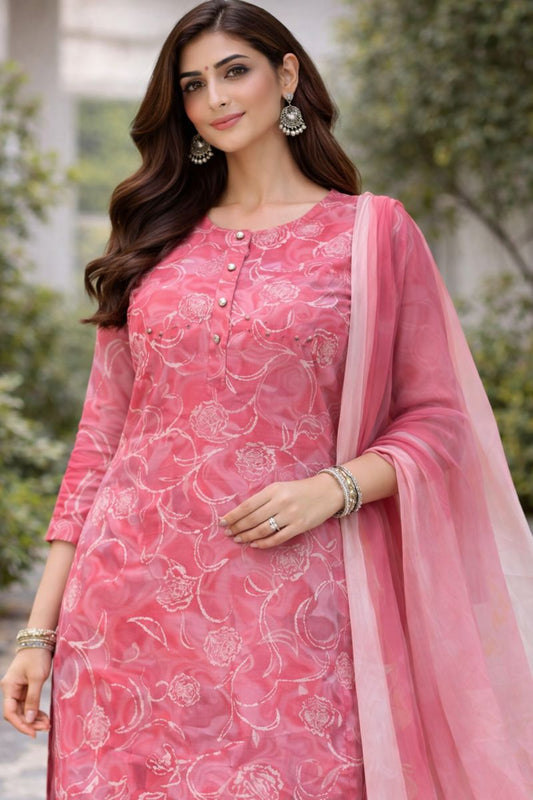 ✨ Rose Pink Floral Festive Kurti Set with Dupatta ✨