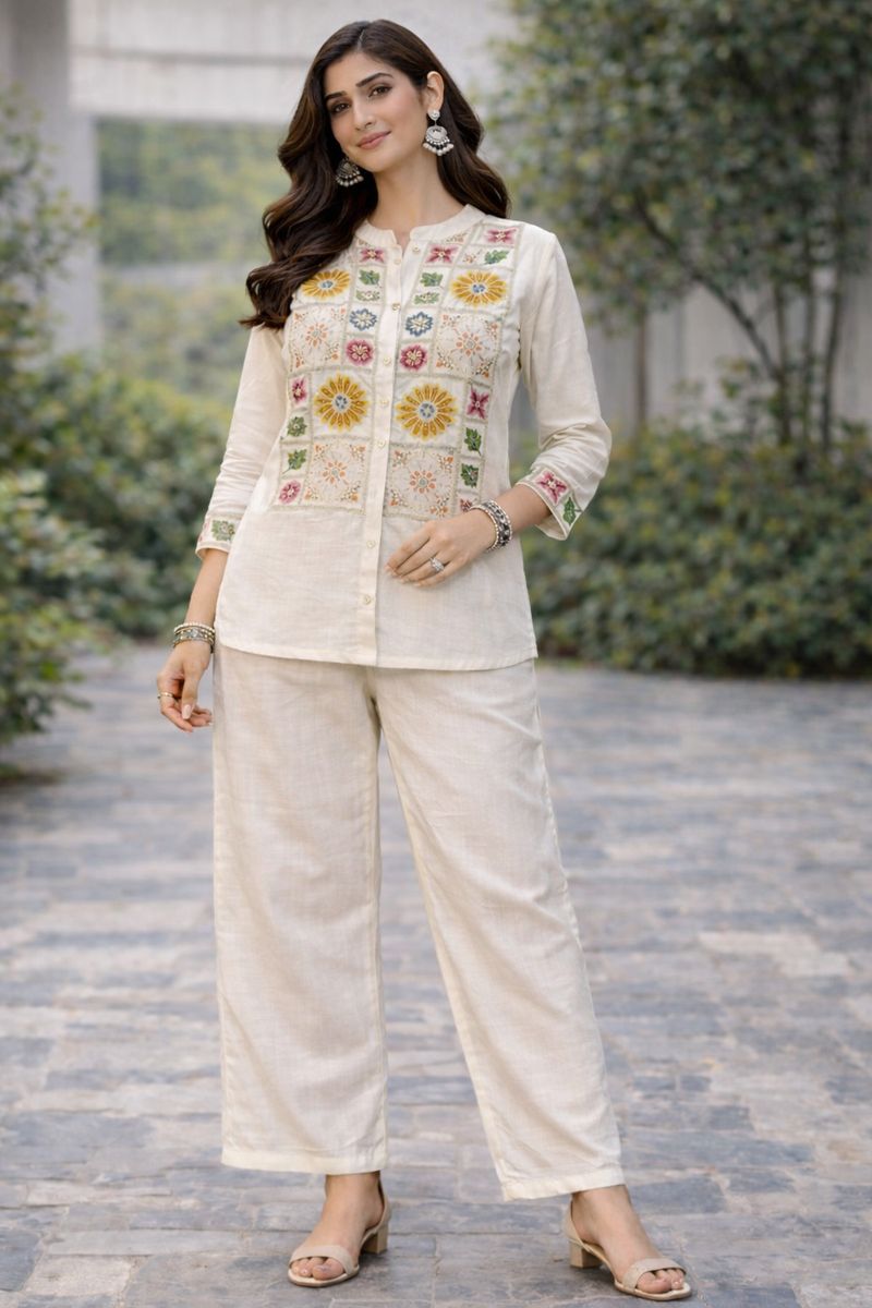 ✨ Ivory Embroidered Designer Cotton Co-Ord Set ✨