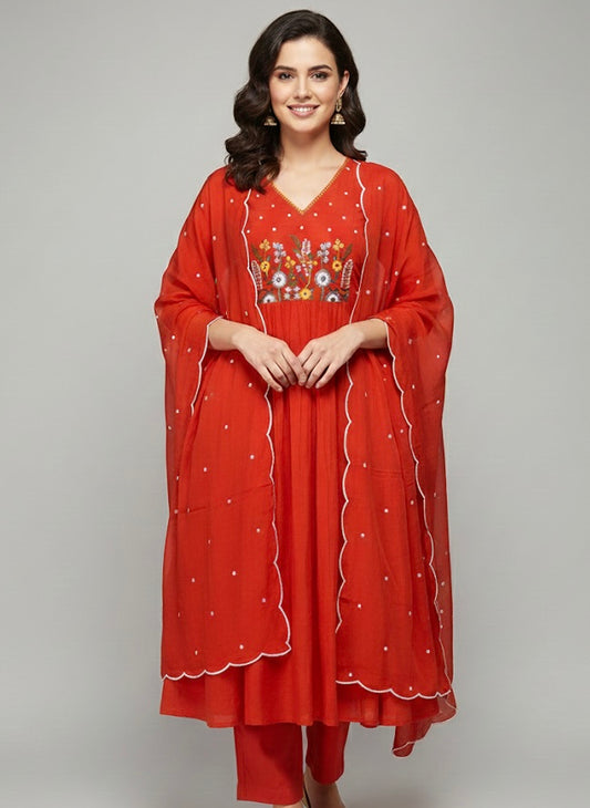 Rust Embroidered Festive Kurti Set with Dupatta