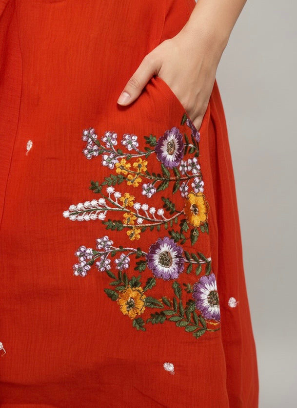 Rust Embroidered Festive Kurti Set with Dupatta