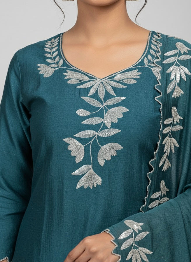 Floral Elegance Embroidered Festive Kurti Set with Dupatta ✨